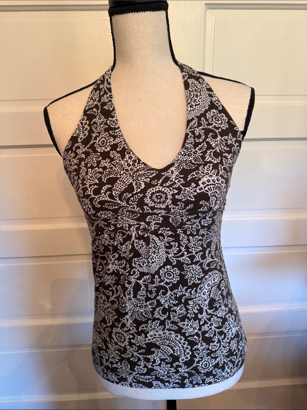 LOFT Y2K Brown Paisley Halter Top Empire Waist Stretch Baby Doll Small